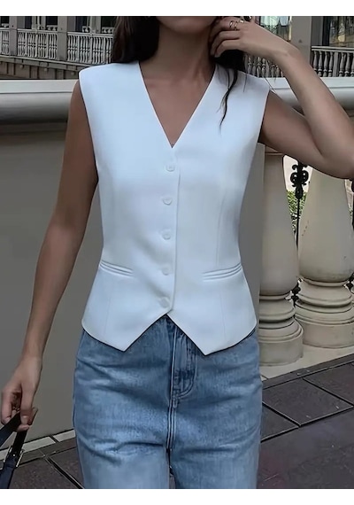Tua Moda Kadın Sıfır Kollu Önden Düğmeli Atlas Yelek Beyaz