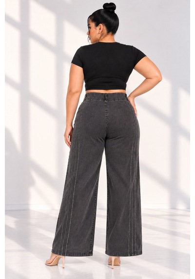 Büyük Beden Denim Taşlı Yüksek Bel Bol Paça Kadın Pantolon Siyah