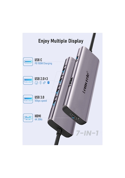 Lemorele Tc66, 7 İn 1 Type-c To Usb Hub Dock Çoklayıcı, Çift 4k Hdmı Çıkışlı 100w Pd Şarj 4x Usb Çoğaltıcı