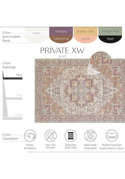 Cool Halı Private Xw Pastel Renkli Vintage Halı Soft Modern Yıkanabilir Eskitme Bohem Salon Halısı