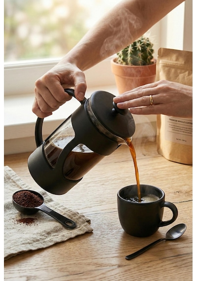 350 Ml Borosilikat Cam French Press & Siyah Modern Kahve Ve Bitki