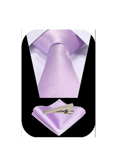 Tezzgelsin Erkek Saten Kravat Mendil Ve Silver Çelik Kravat İğne Set Lila