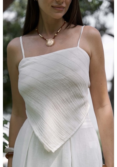 Mai Collection Mai Studios Co. Kita Üçgen Detay Çizgili Ekru Keten Crop Ekru