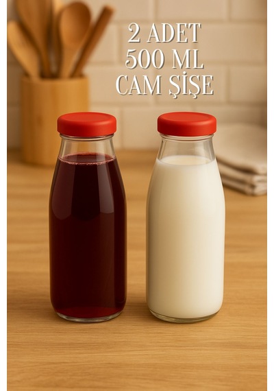 2 Adet Plastik Kapaklı 500 Ml Sürahi Süt, Ayran, Su, Limonata Meşrubat Şişesi Cam Şişe 500cc