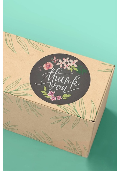 90 Adet Thank You Teşekkür Etiketi Siyah Çiçekli 3x3cm St2035 Çok Renkli