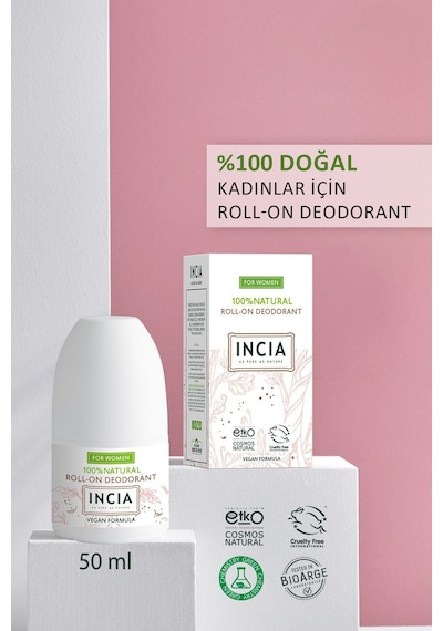 INCIA %100 Doğal Roll On Deodorant Kadınlar İçin Ter Kokusu Önleyici Leke Yapmayan 50 ML