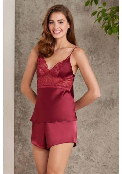 Pierre Cardin 7015 Kadın Dantelli Saten 4'lü Set-bordo