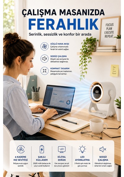 6 Kademeli Şarjlı Masaüstü Fan Dijital Ekranlı Led Işıklı Duvara Monte Askılı Mini Fan K6 Model