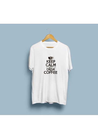 Oversize Keep Calm And Drink Coffee Tasarım Unisex T-shirt Beyaz