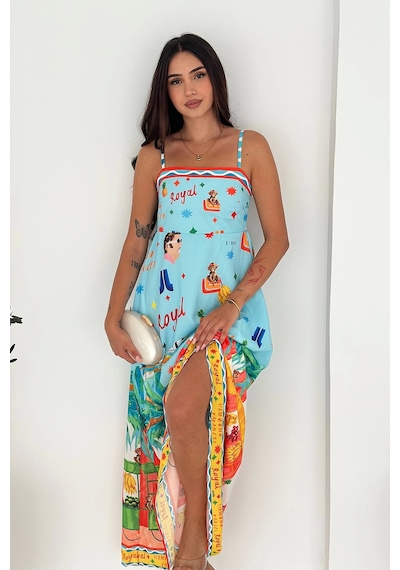 Asprin Fashion İthal Krep Kumaş Desenli Elbise Mavi Mavi