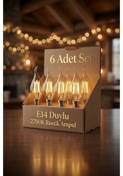 6'lı Set E14 Rustik Led Mum Ampul 2700k Amber Işık C35 Dekoratif Filament Ampul Enerji Tasarruflu 6 Adet