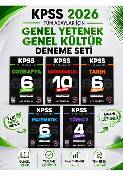 Kpss Tüm Adaylar İçin Tarih, Coğrafya, Vatandaşık, Türkçe, Matematik Deneme Tamamı Çözümlü Evp Akademi