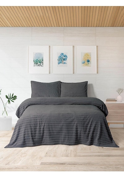 Modern Twist 3 Parça Battaniye Seti Çift Kişilik Battaniye Seti Koyu Gri