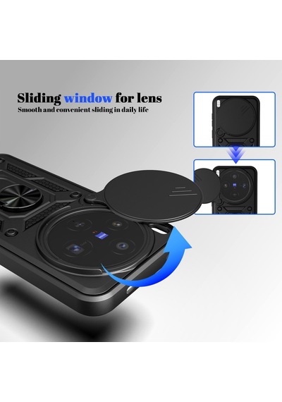 Caseonn Vivo X300 Kılıf Sürgülü Kamera Korumalı Yüzüklü Mıknatıslı Tank Kapak Siyah