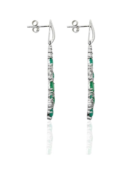 Oya Silver Beyaz Işıltılı Uzun Damla Form Zümrüt Taşlı Gümüş Küpe-4.9x0.9cm