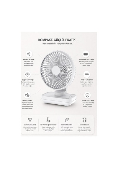 Robeve Yk Şarjlı Masaüstü Vantilatör Usb Type-c 4 Kademeli Hız, Sessiz Çalışma, Taşınabilir Mini Fan, Uzun Batarya, 90 Ayarlanabilir Başlık, Ofis Ev Kullanım Fan Vantilatör Beyaz