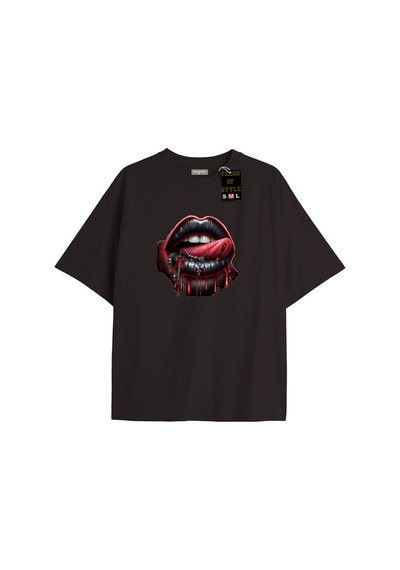 Flood Of Style Siyah Oversize T-shirt Dudak Dil Diş Özel Tasarım