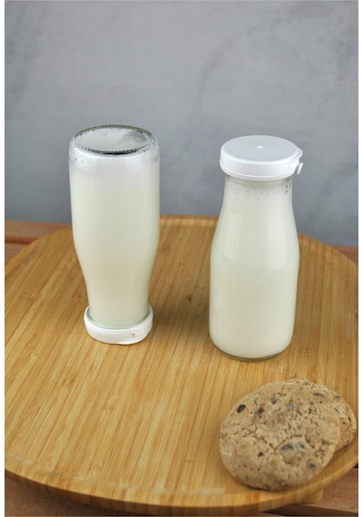 2 Adet Beyaz Plastik Kapaklı Cam Şişe 200 Ml Şeffaf Sürahi Süt, Ayran, Su, Limonata Meşrubat Şişesi