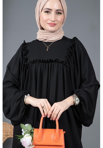 Sevitli Fırfırlı Robalı Bürümcük Elbise-siyah-1562-beyaz Beyaz