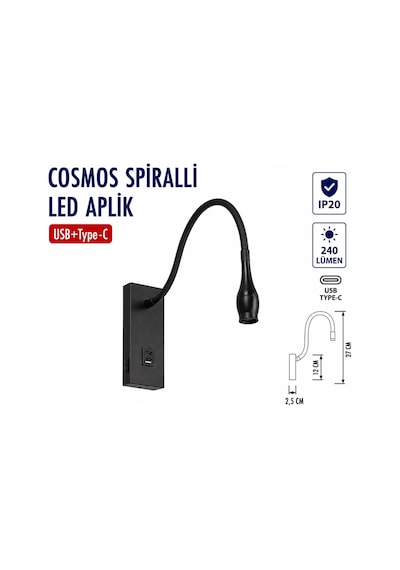 Lampist 3w Sipralli Yatak Başı Aplik Siyah Type-c 3000k