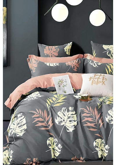 İqon Leaf Lastikli Çarşaflı Çift Kişilik Nevresim Takımı Gri 200 x 220 CM Gri