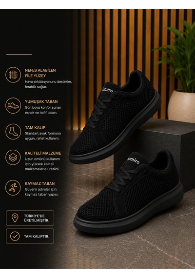 Günlük Rahat Taban Bağcıklı Sneaker Spor Ayakkabı Siyah