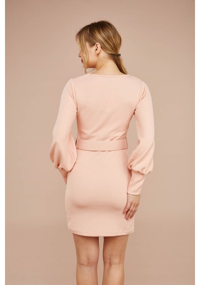 Zafir Butik Pembe Yaka Kemerli Elbise Pembe Pembe