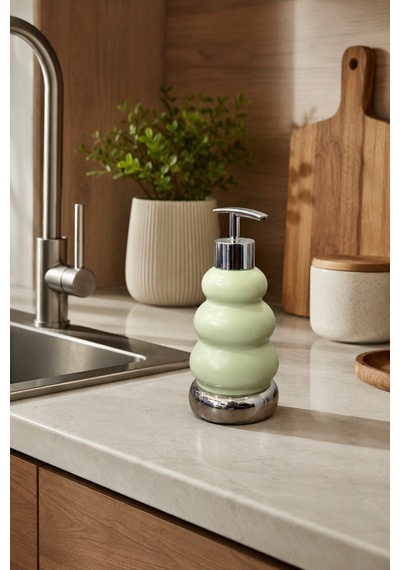 Trıo Dekoratif Premium 3 Boğumlu Sıvı Sabunluk 300 Ml Krom Görünümlü Pompalı Pastel Yeşil Banyo Ve Mutfak Sabun Dispenseri - 18,5 Cm X 7 Cm
