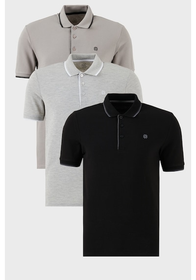 Buratti Pamuklu Slim Fit Şerit Detaylı Düğmeli Polo Yaka 3'Lü Paket Erkek T Shirt 5902118S3 Siyah-Gri Melanj-Taş