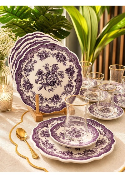 18 Parça Vintage Purple Pasta Çay Takımı Seti-5901 Çok Renkli