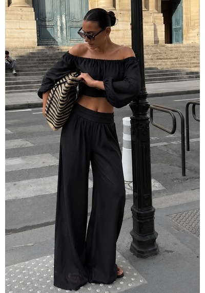 Madmext Siyah Madonna Yaka Bluz Bol Paça Pantolon Kadın Takım Mg2863