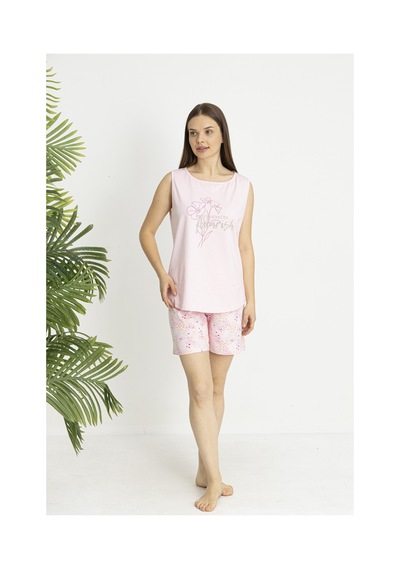 Estiva Kadın Çiçek Alt Desenli Pembe Kolsuz Şortlu Penye Lycra Pijama Takımı Çok renkli