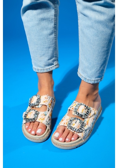 Luvishoes Dungeon Beyaz Renkli Tüvit Çift Bantlı Taş Tokalı Kadın Terlik Çok Renkli