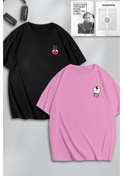 Unisex Kadın Erkek Hello Kitty Spiderman Baskılı Sevgili Çift Kombini Tasarım Oversize Tshirt 2'li Pembesiyah Mck0148 Çok Renkli