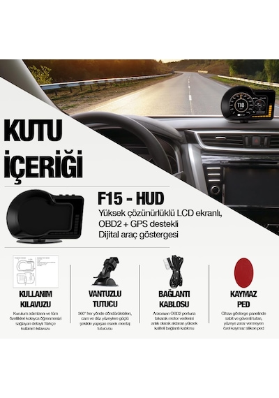 Tr F15 Hud Obd Obd2 Dijital Kilometre Rpm Su Sıcaklığı Basınç Hararet Araç Veri Ekranı Head Up Display