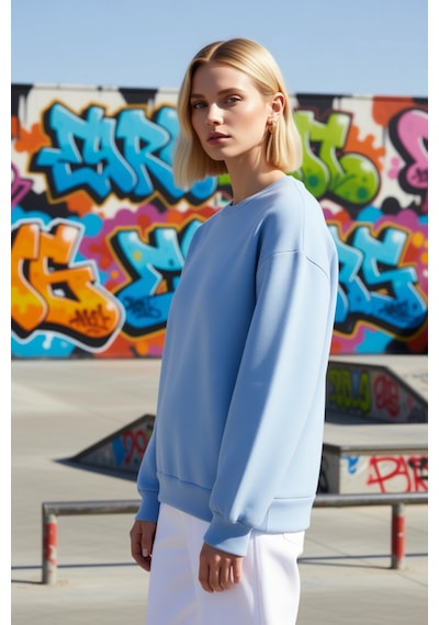 Benerly Kadın Bisiklet Yaka Düşük Kol Regular Kalıp Örme Sweatshirt Fonks Açık Mavi