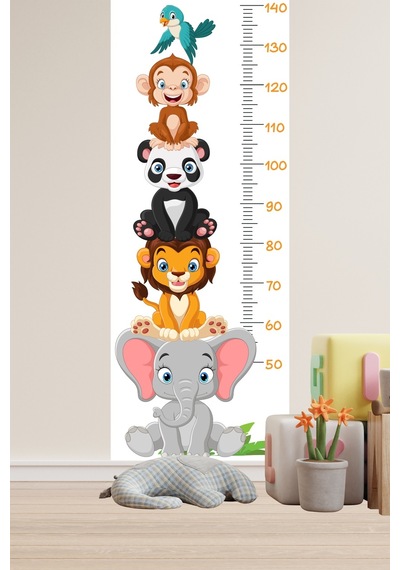 Sevimli Safari Hayvanları Boy Ölçüm Cetveli Boy Ölçer Sticker Beyaz