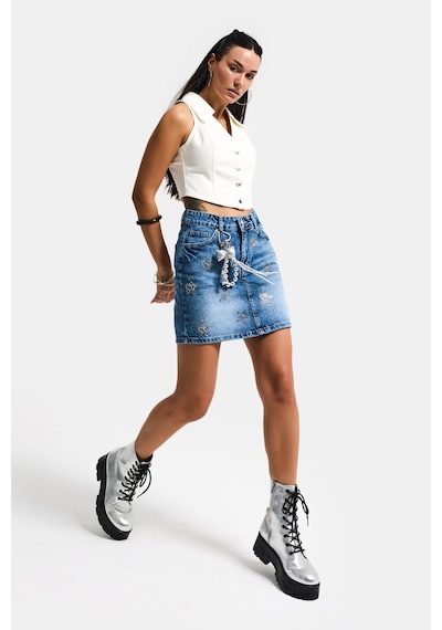 Itsbasic Kadın Mavi T-4s6-4 Straight Mini Parlak Yıldız Taşlı Özel Tasarım Denim Etek