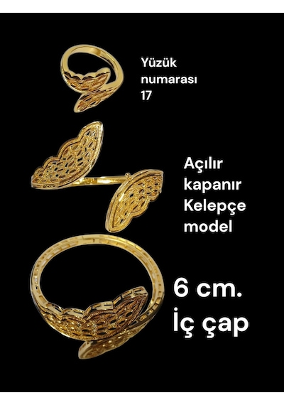 Altın Kaplama Ajurlu Kelepçe Bilezik Ve Yüzük Seti - Birebir Altın Görünümlü İkili Kadın Takım Gold