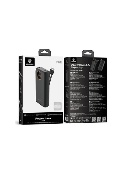 Lenyes P852l Dijital Led Gösterge Type-c Ve Lightning Kablolu Powerbank Uyumlu 22.5w 20000mah Siyah