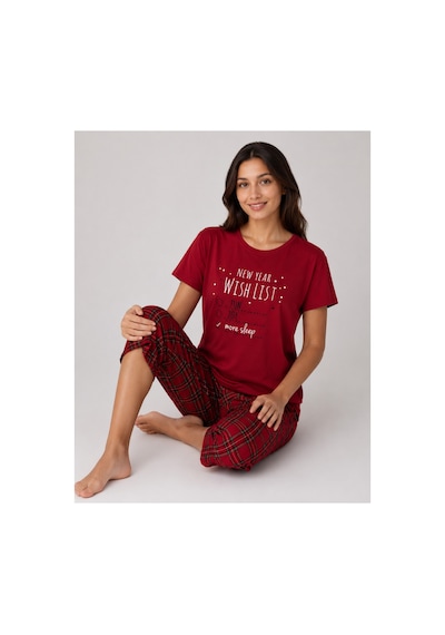 Pijamask Kadın Bordo Ekose Kapri Pijama Takımı Bisiklet Yaka Kısa Kollu Rahat Ev Giyim P100-887 Kırmızı