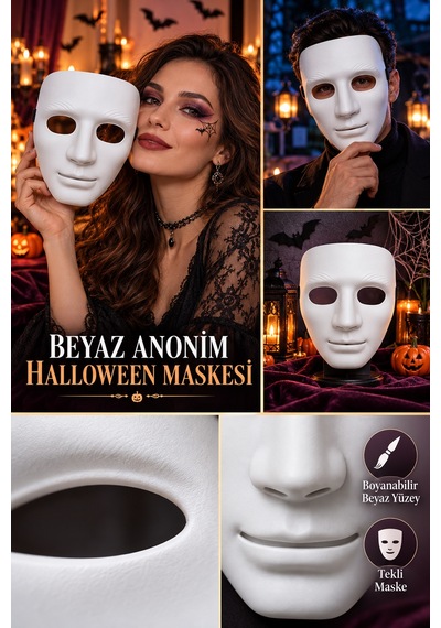 Halloween Boyanabilir Beyaz Anonim Erkek Yüz Maskesi Cadılar Bayramı Partileri Kostüm Aksesuarı