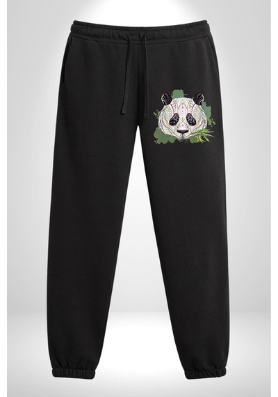 Angemiel Panda Mandala Pamuklu 3 İplik Siyah Eşofman Altı Erkek Oversize Kesim Dijital Baskılı Siyah