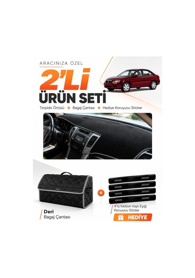 Hyundai Sonata 2007-2012 Uyumlu Torpido Örtüsü + Deri Bagaj Çantası + Sticker Seti - Siyah Gri