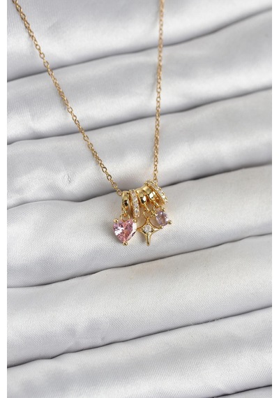 316l Çelik Gold Pembe Zirkon Taşlı Charmlı Kadın Kolye Çok Renkli