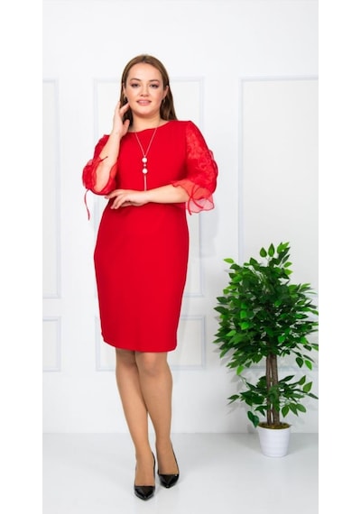 Haimoda Kadın Elbise Kırmızı Büyük Beden Kol Şifon Kırmızı