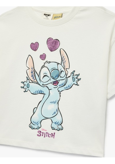 Koton Kısa Kollu Bisiklet Yaka Pamuklu Lisanslı Stitch Baskılı Tişört Ekru 6skg10244ak Ekru