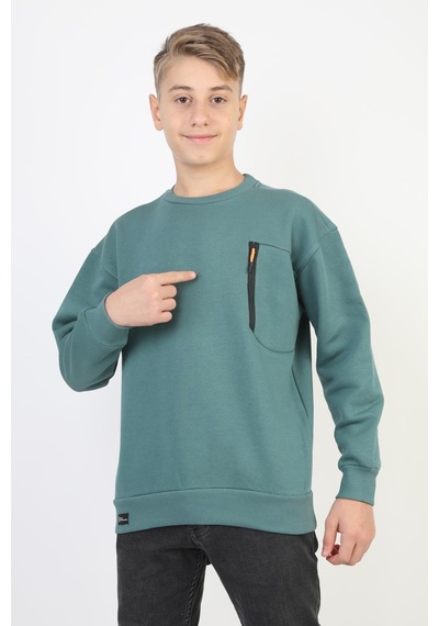 Bisiklet Yaka Cep Fermuar Detaylı Erkek Çocuk Sweatshirt-90856 Yeşil