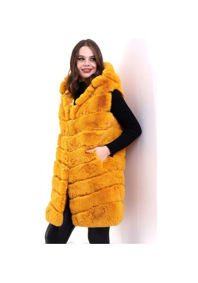 Novalisse Kadın Kapüşonlu Peluş Kürk Yelek Premium Kalite Tam Astarlı Uzun Model - Sarı Çoklu Renk