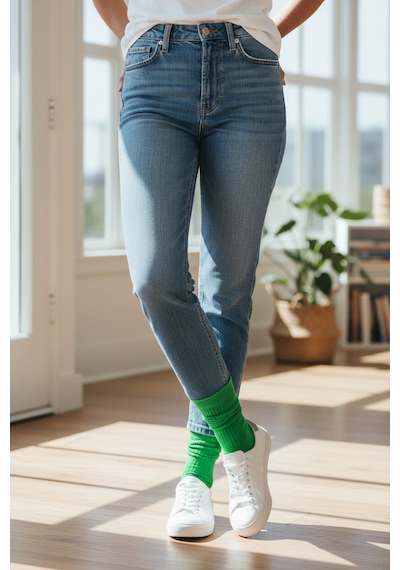 Socks Stores 6 Çift Unisex Renkli Pamuklu Soket Çorap - Renkli Tenis Boy Çorap Yeşil